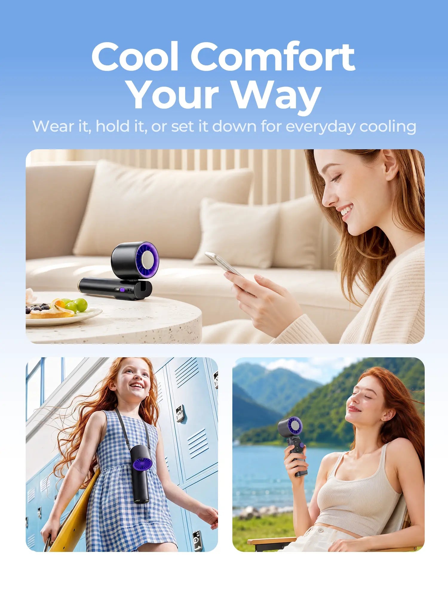 Portable handheld fan airflow speed settings